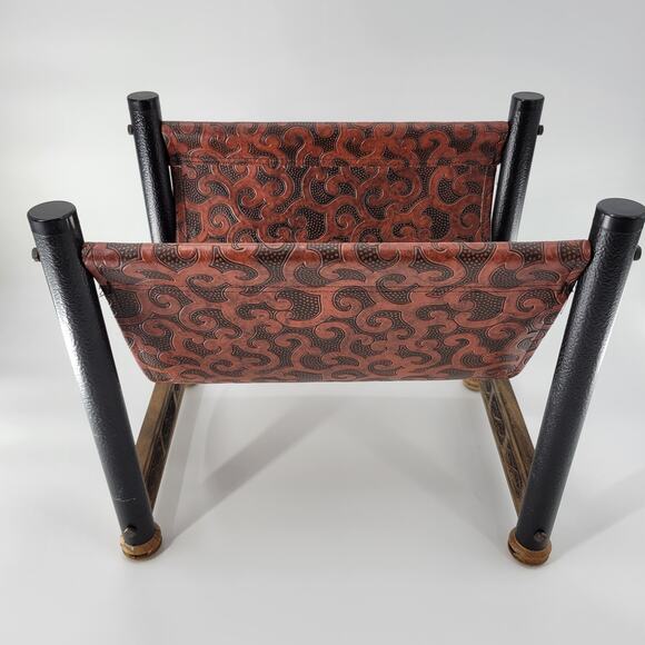 Vintage Log Holder Tan Black Embossed Tooled Leather Wood Magazine Storage - Picture 8 of 13